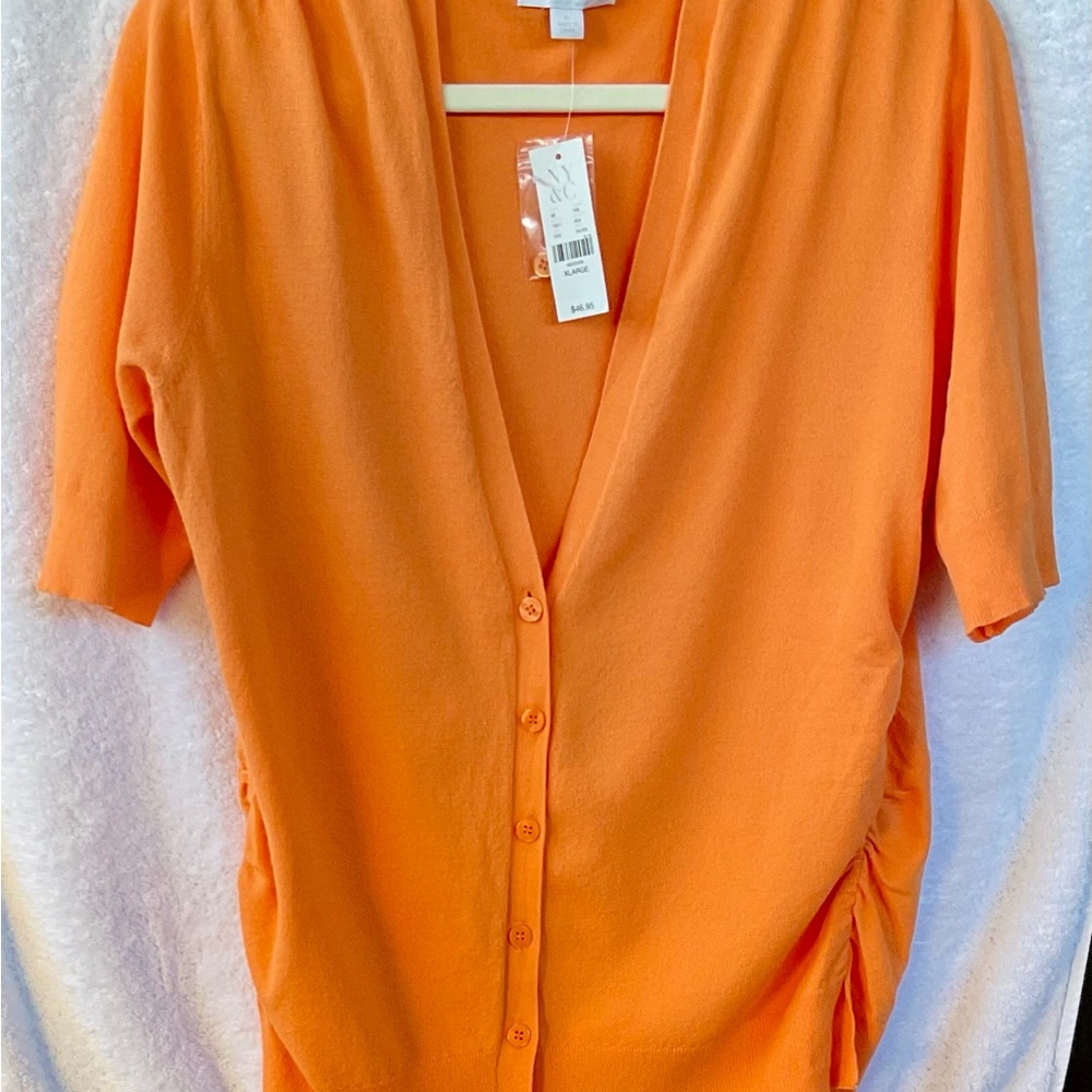 New York & Company Orange V-Neck Button Down Cardigan